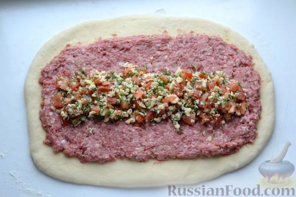 Пирог с мясом, помидорами и сыром (из дрожжевого теста)